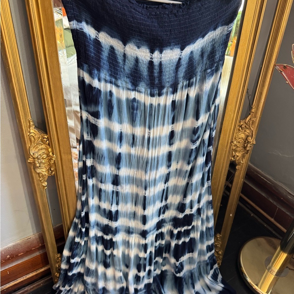 Aerie Maxi Dress Blue White Tie Dye Smocked Tube Strapless Boho Beach XL TG - Picture 4 of 5